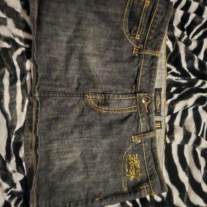 Ed Hardy Denim Mini Skirt with Gold Accents